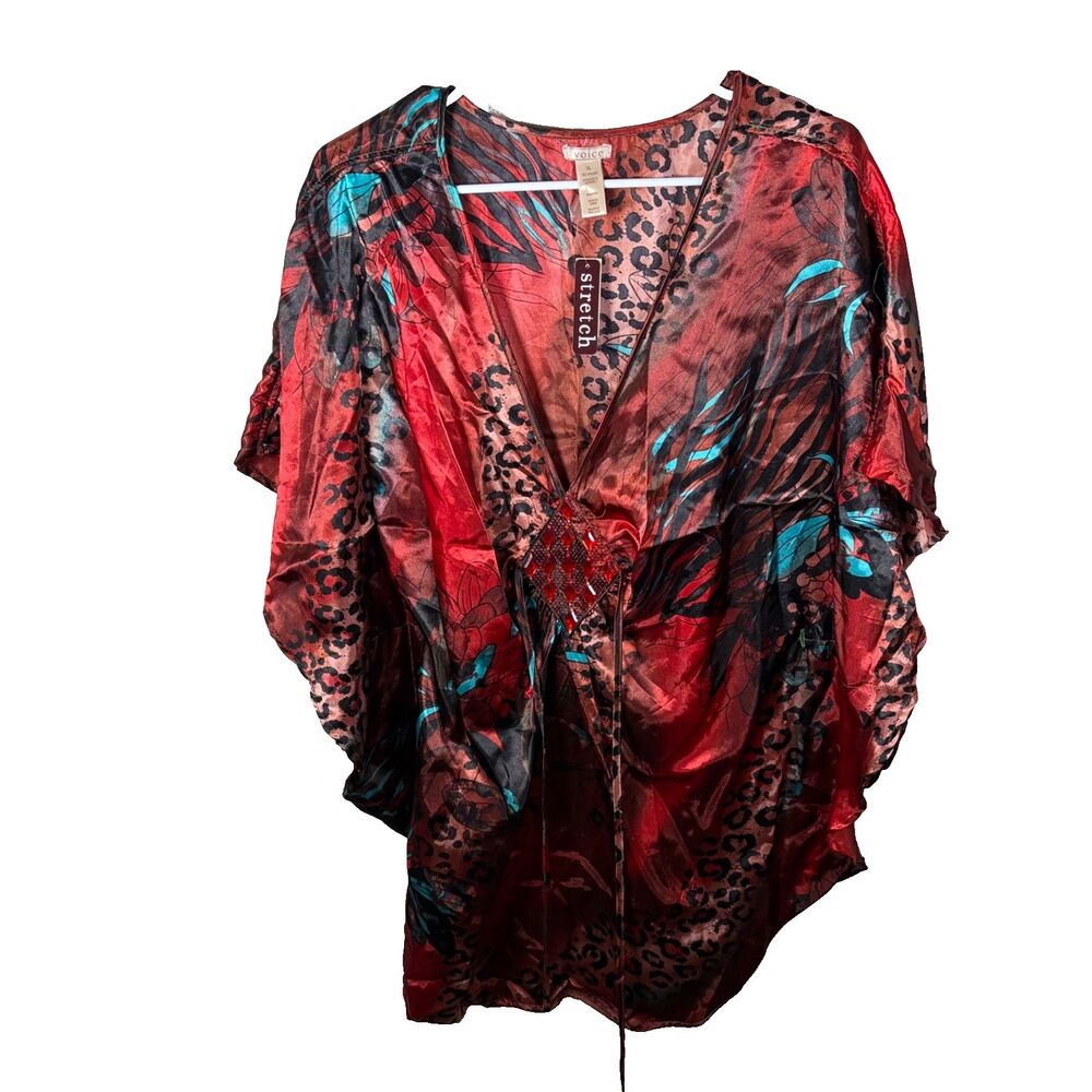 Voice Blouse Women's XL V-Neck Cheetah Y2k Colorful Printed Beaded Top